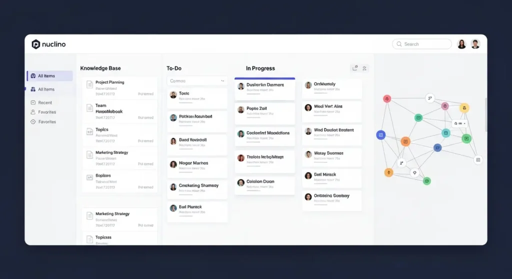 Nuclino workspace dashboard with list, board, and graph views