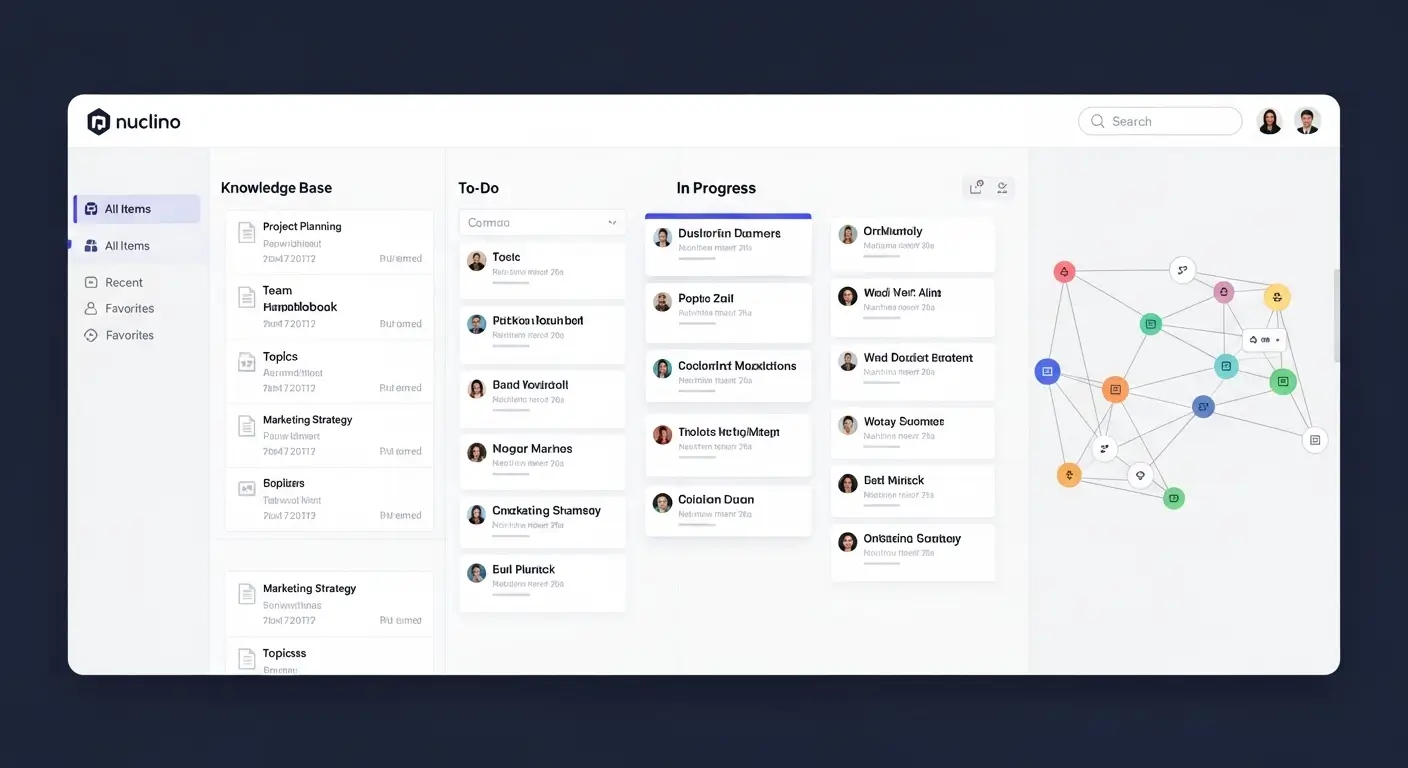 Nuclino workspace dashboard with list, board, and graph views