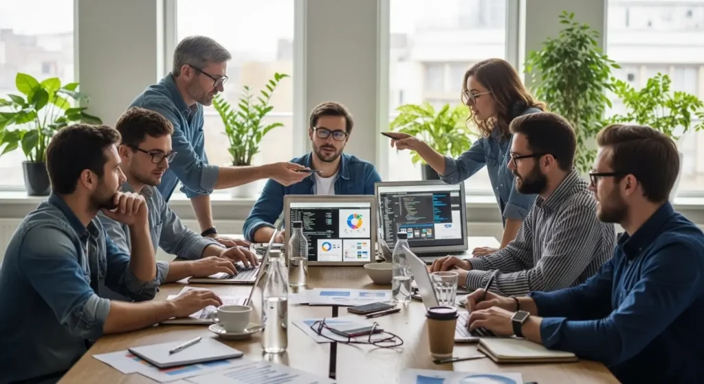 Team collaborating on Helpjuice