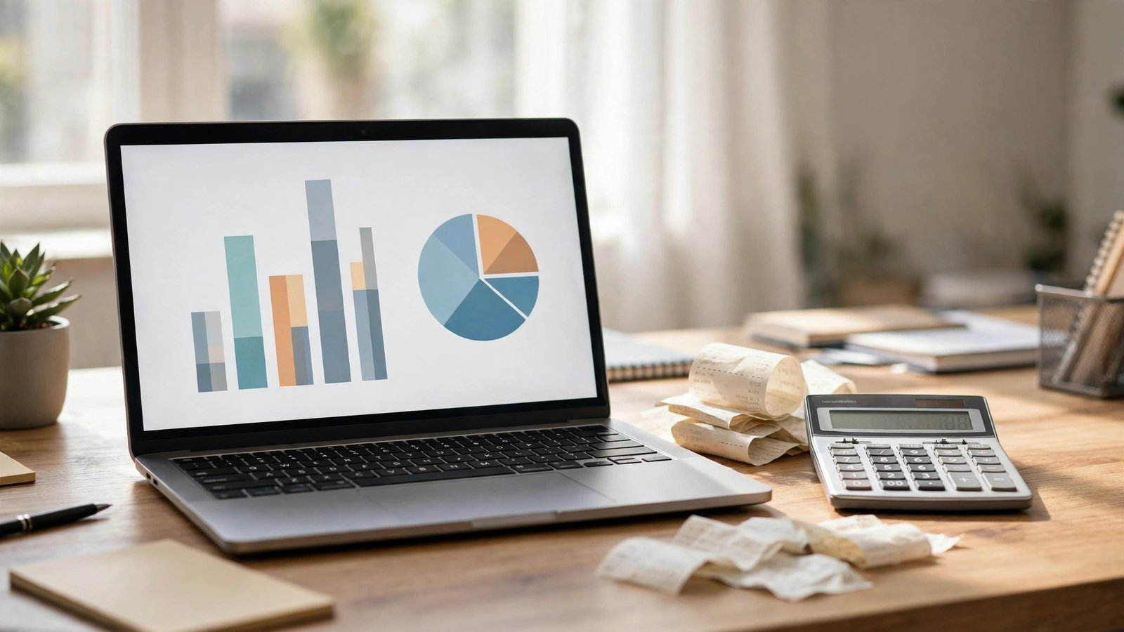 Laptop on a small business desk displaying cloud based accounting software for small business as an abstract dashboard of simple charts, with a calculator and receipts beside it