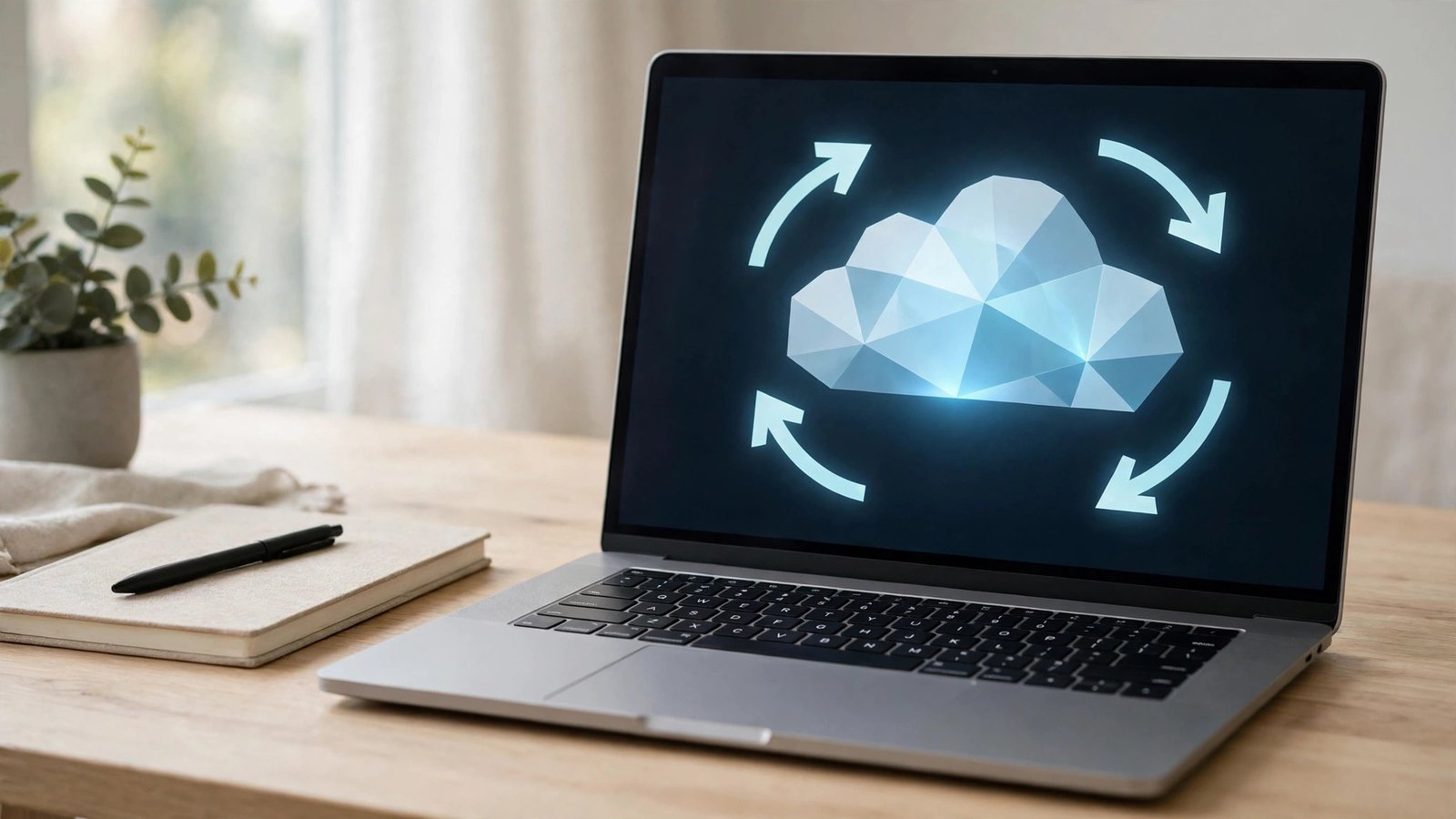 Laptop with a glowing cloud and sync arrows on screen, suggesting cloud accounting data syncing