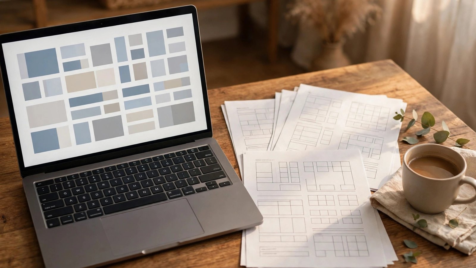 Open laptop beside printed invoices and a coffee cup on a wooden desk in a home office
