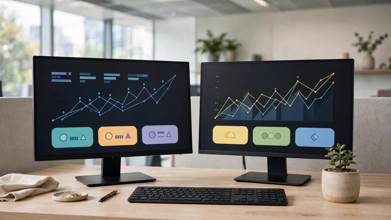 Two monitors showing abstract financial charts and summary cards on a bright office desk