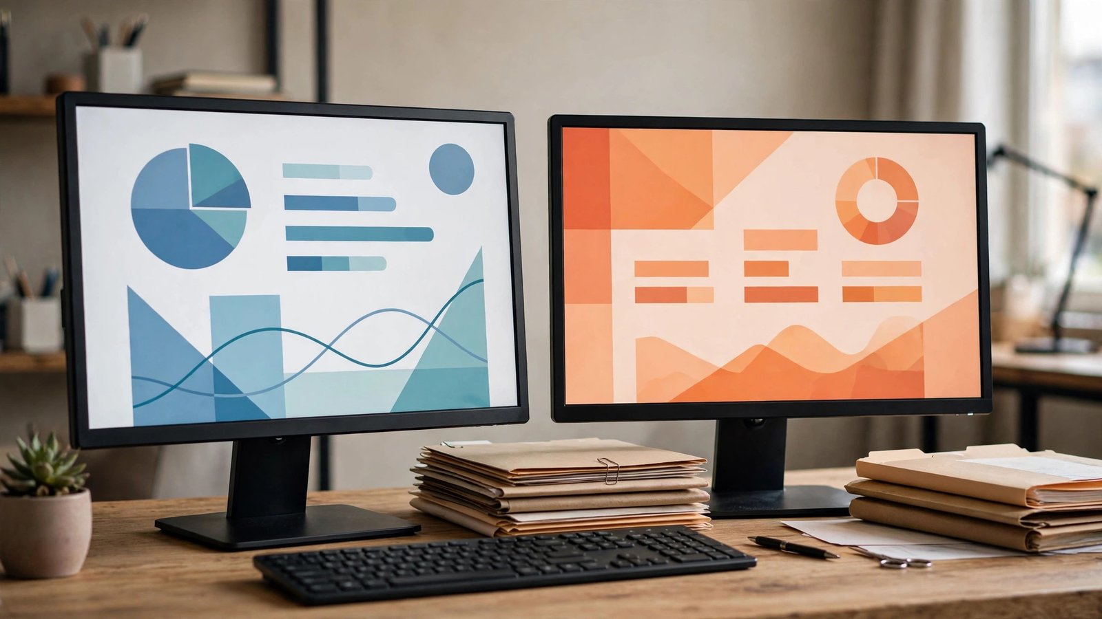 Two monitors side by side showing different abstract dashboards, illustrating accounting software for multiple businesses kept in separate books