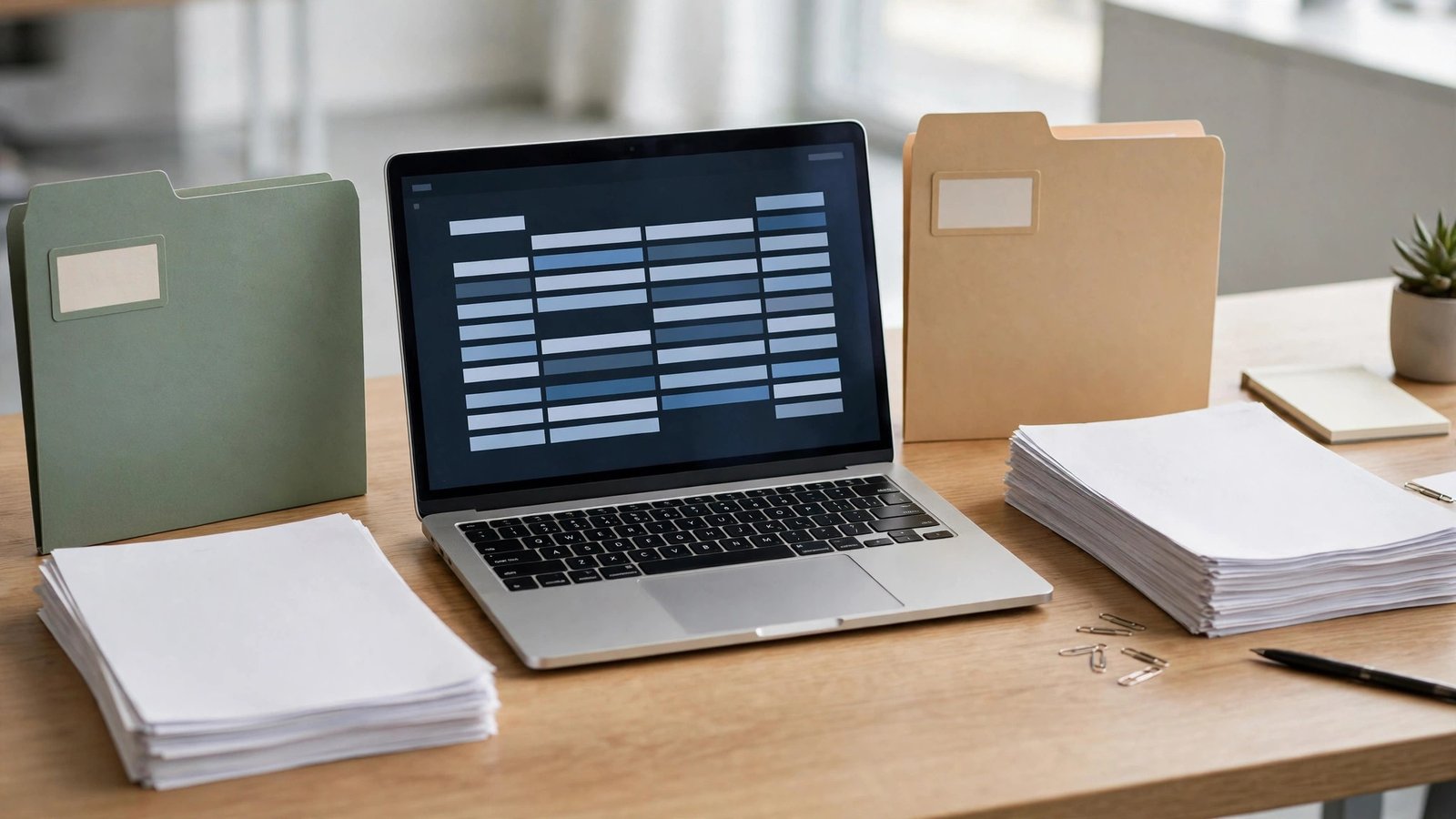 Desk with two separate stacks of paperwork and folders, each business's records kept apart