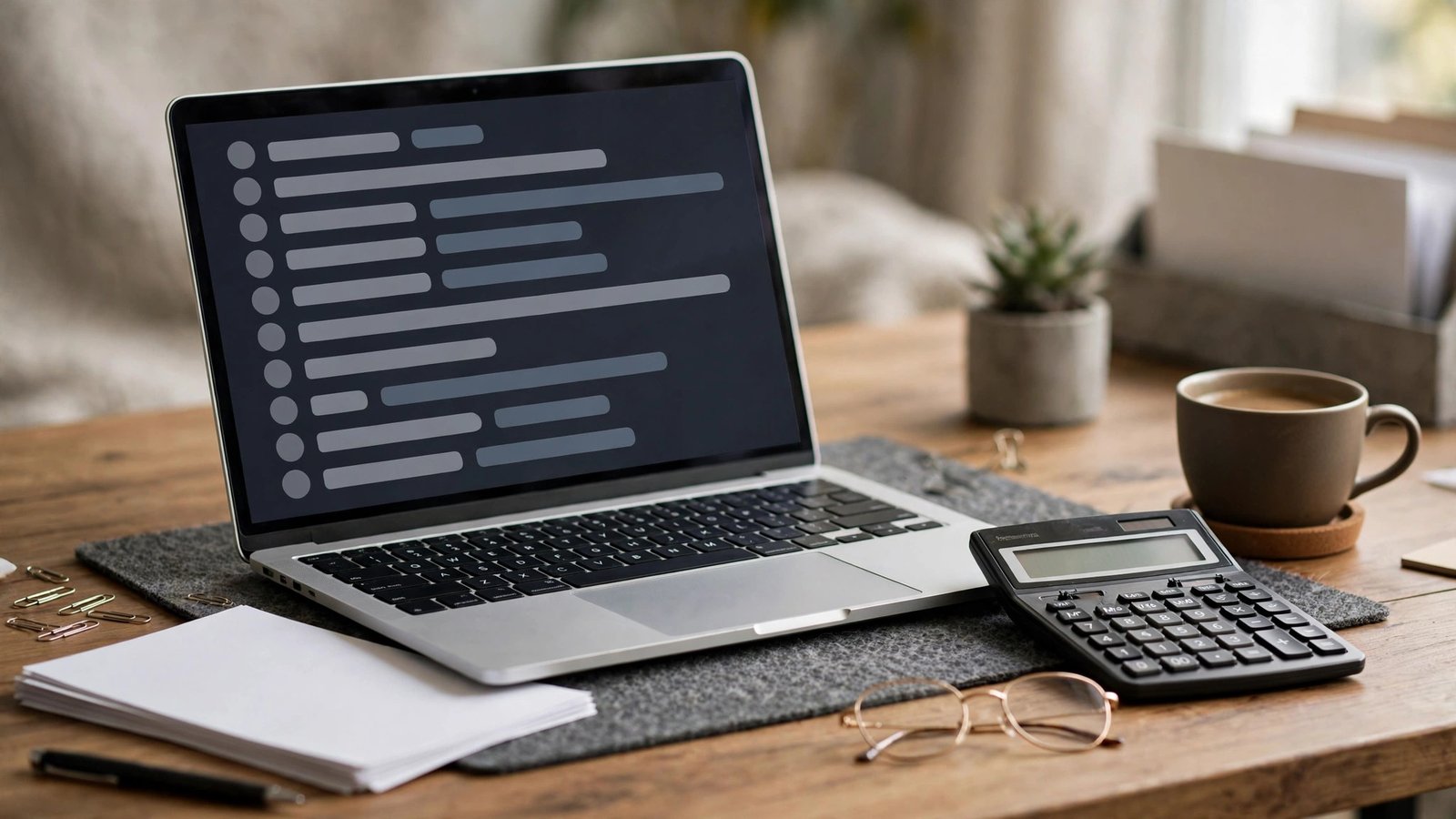Laptop showing an abstract client list on an accountant's desk with calculator and glasses