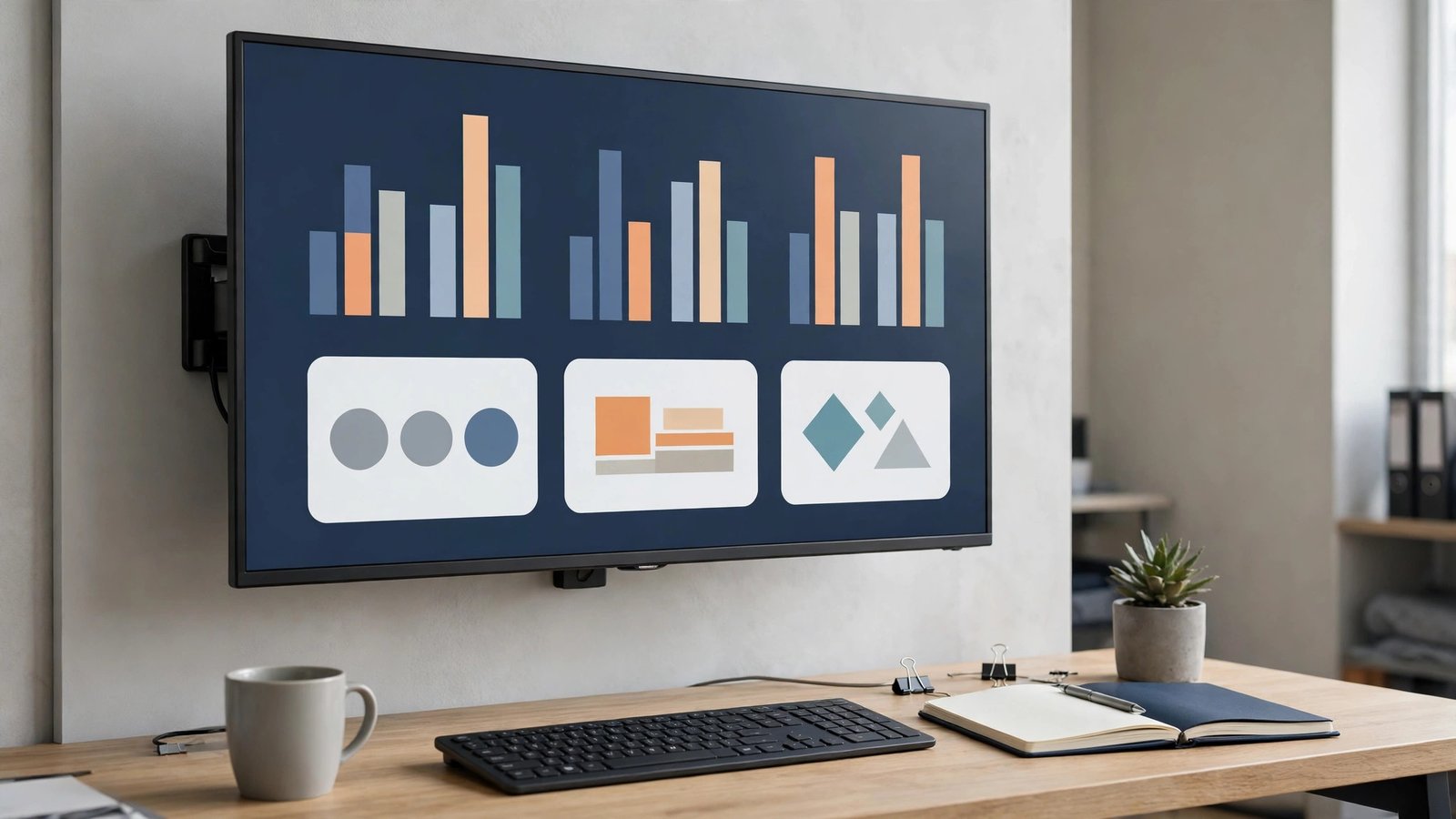 Wall monitor with a grouped multi-company overview of abstract bar charts and summary cards