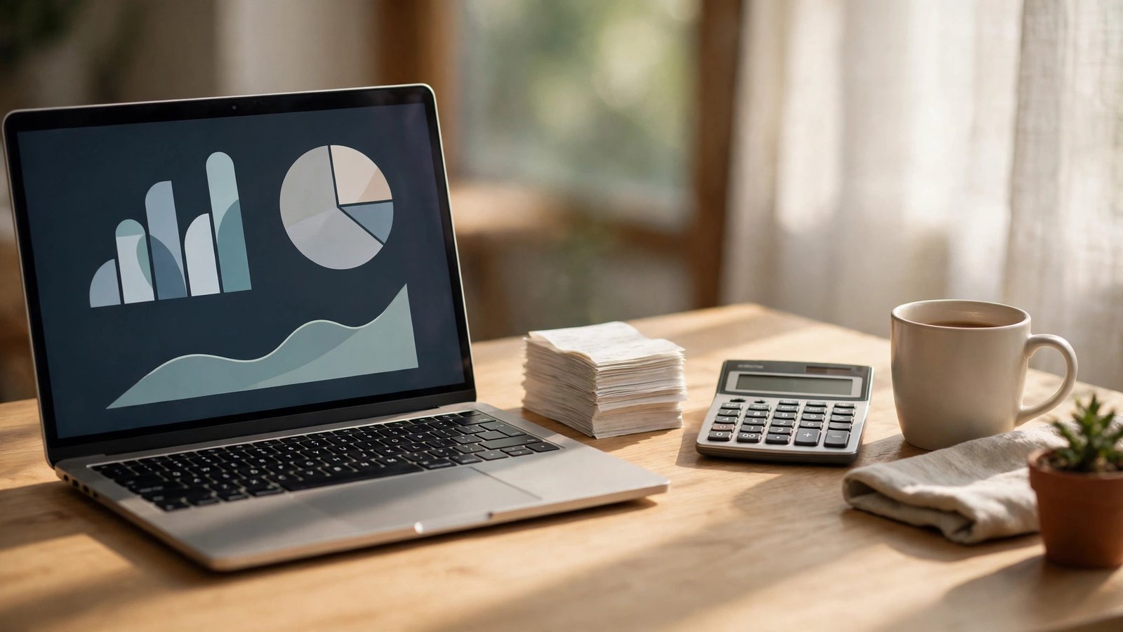 Small business desk with a laptop running bookkeeping software for small businesses as a simple abstract dashboard, receipts and calculator nearby