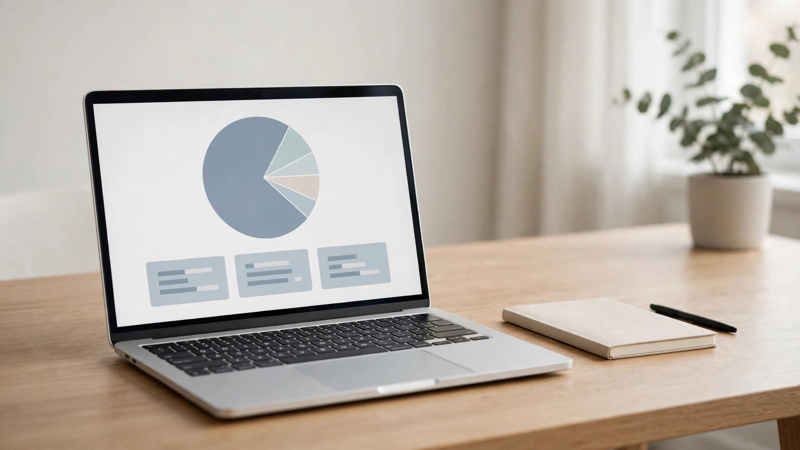 Minimal workspace with a laptop showing a very simple dashboard with one chart and a few cards