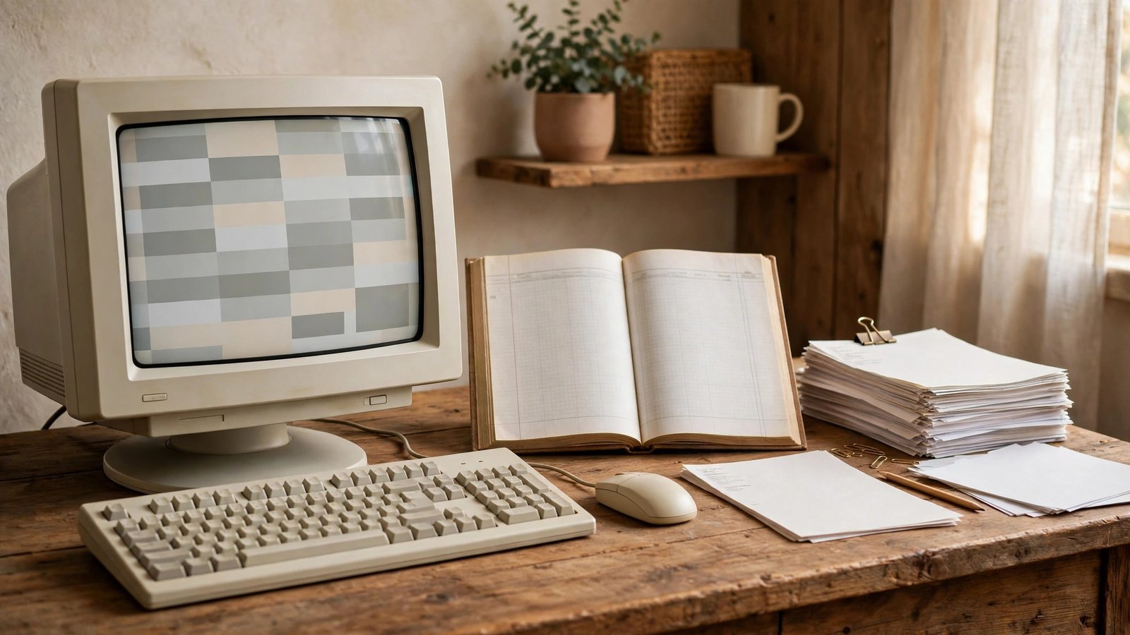 Desktop computer with a printed paper ledger and stacked invoices, the offline bookkeeping alternative