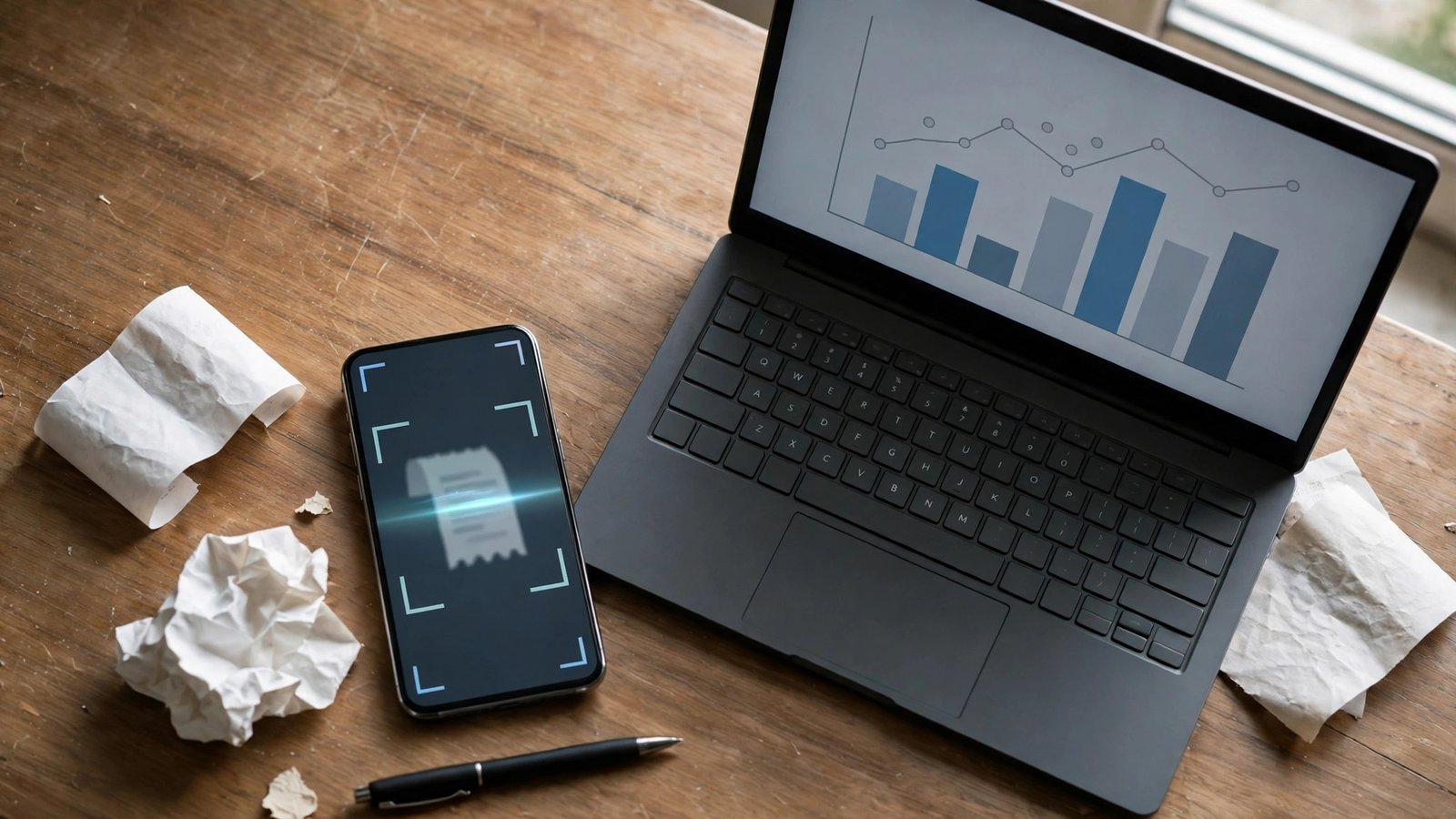 Smartphone scanning a receipt next to a laptop showing simple chart shapes