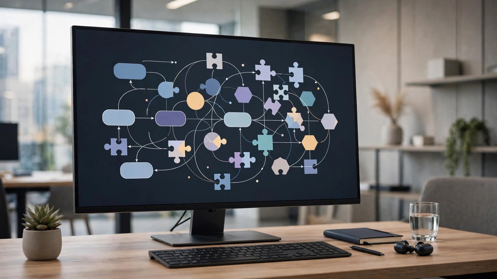 Monitor showing connected module blocks and flowing lines, the core idea behind integrated accounting software