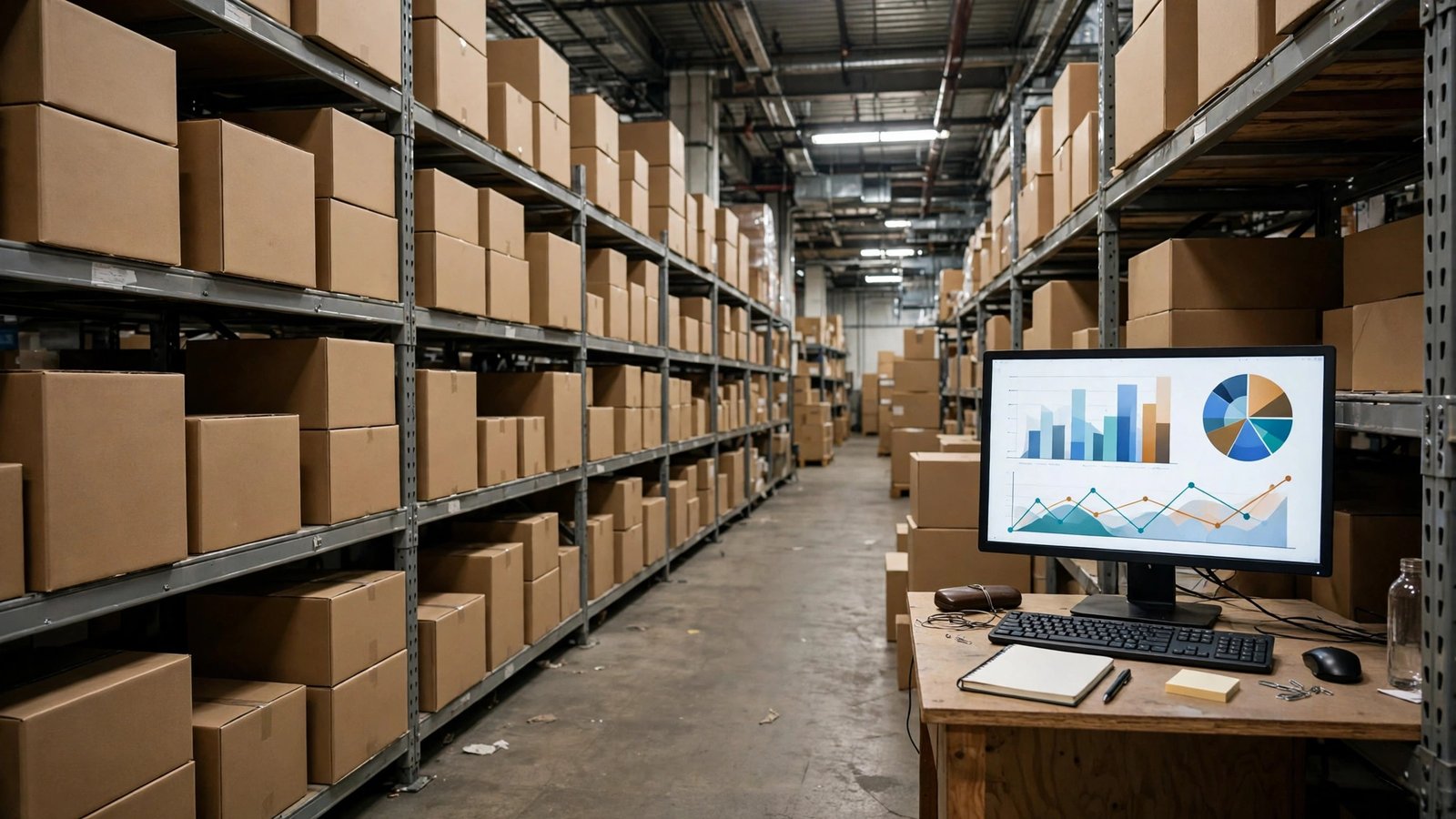 Warehouse workstation with inventory charts, linking stock data with the accounting system