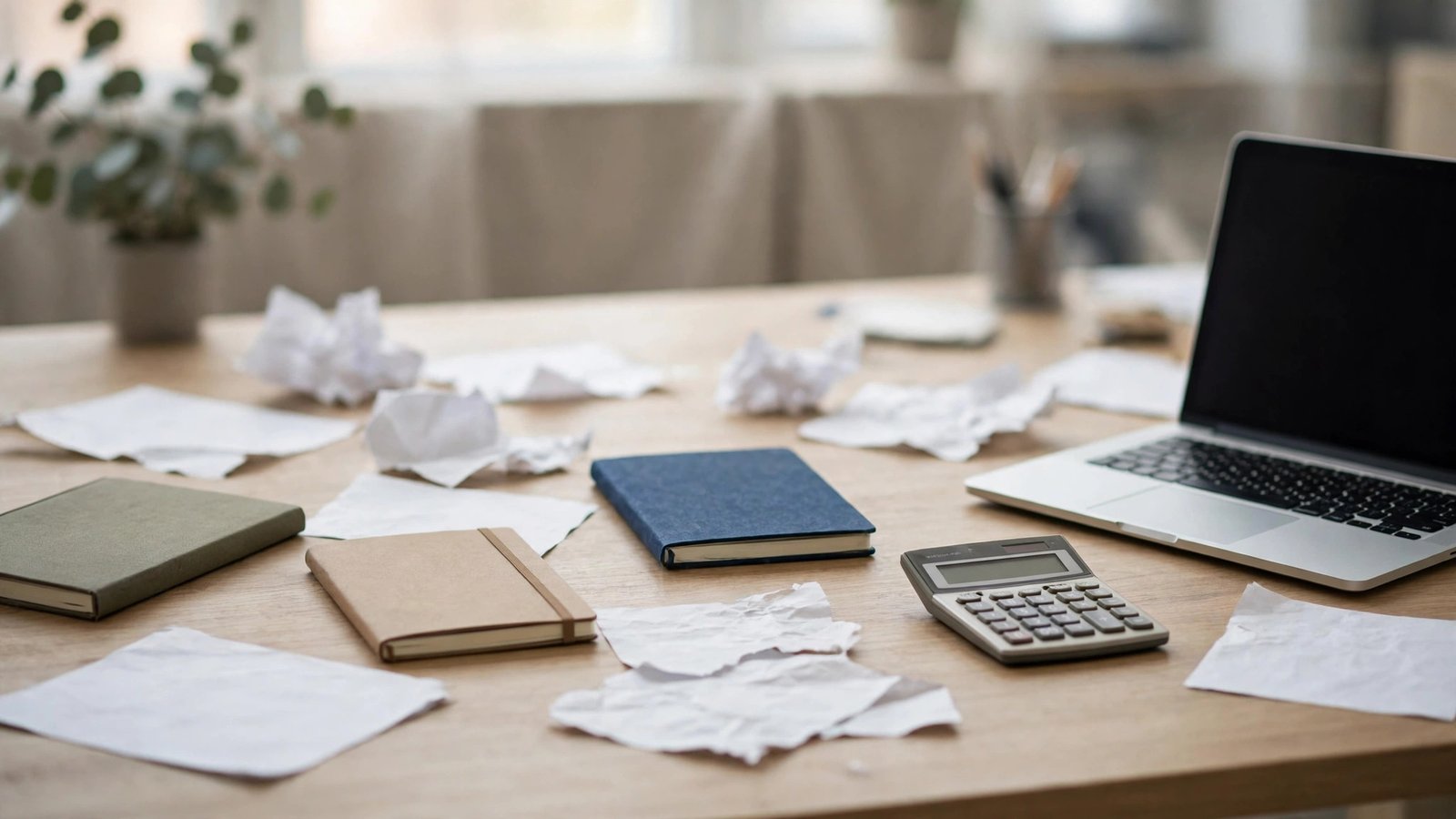 Separate notebooks, calculator and scattered paperwork on a desk, showing disconnected business tools