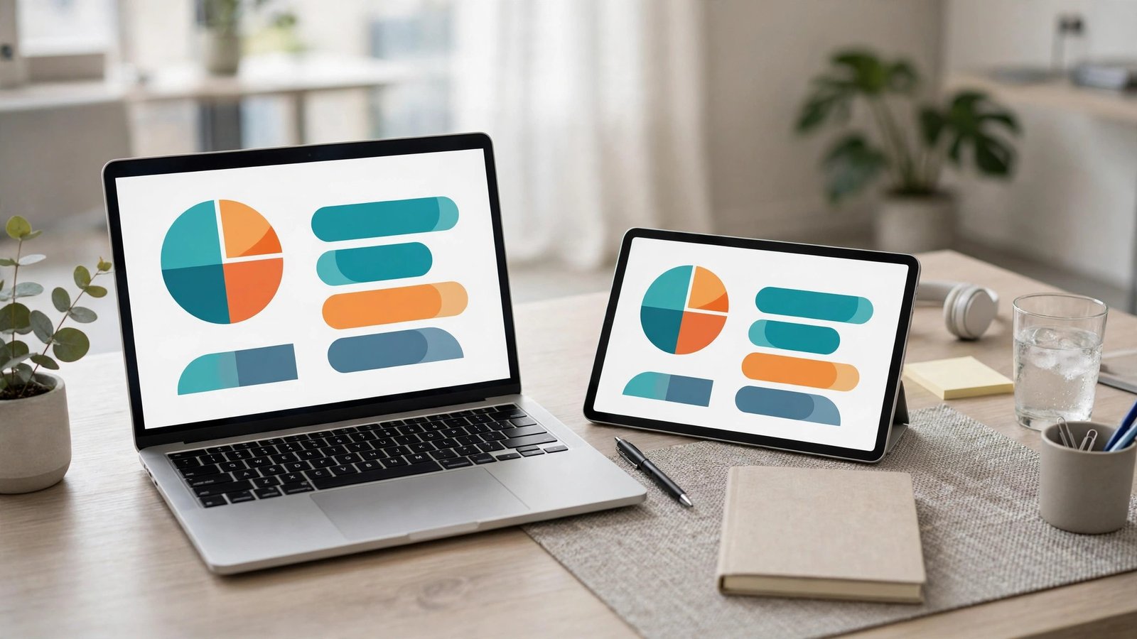 Laptop and tablet showing matching dashboard colors, suggesting synced business systems