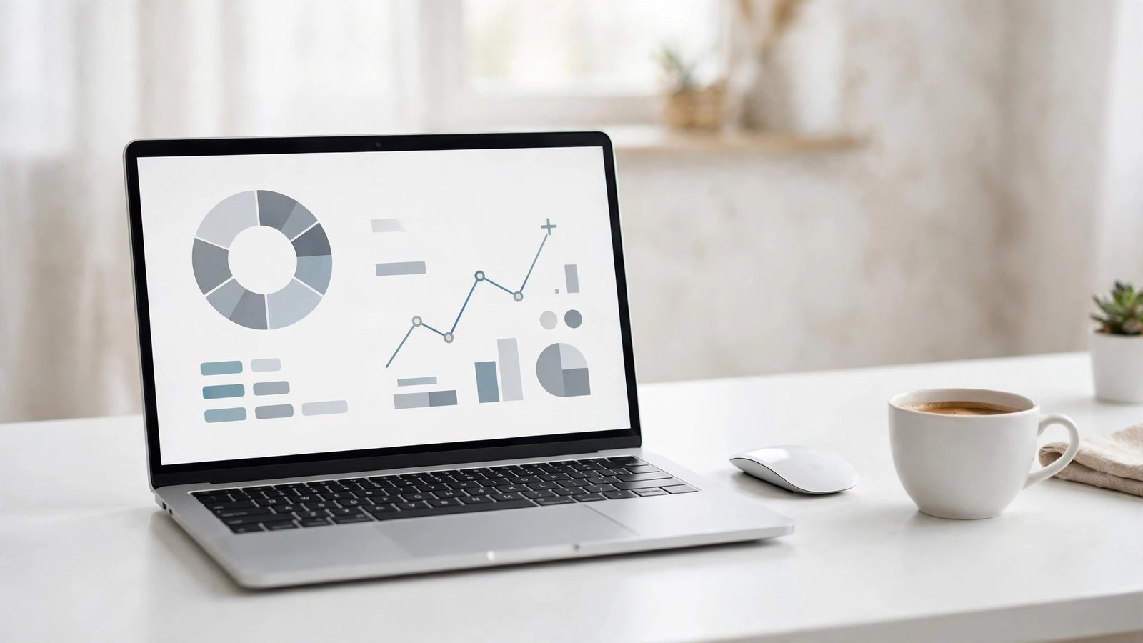 Slim silver laptop on a white desk showing an abstract dashboard, a clean setup for accounting software for mac users