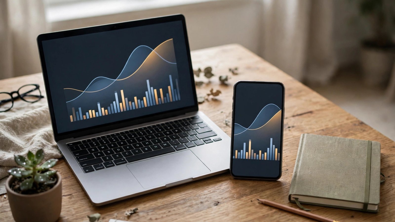 Laptop and smartphone side by side with matching finance chart shapes on their screens