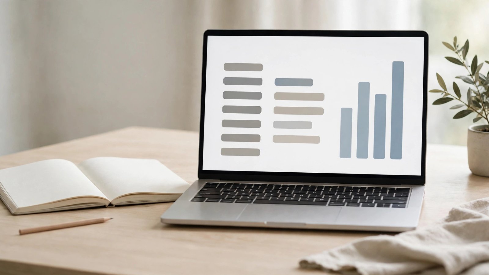 Light desk setup with a laptop showing a clean, simple bookkeeping screen of rows and one chart