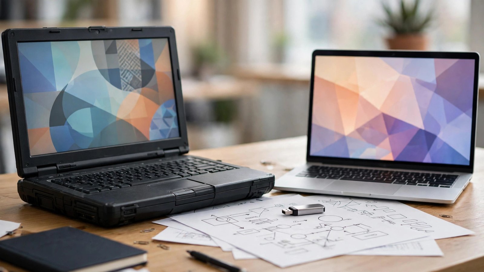 An older thick laptop beside a new slim laptop and a USB drive, suggesting a software switch