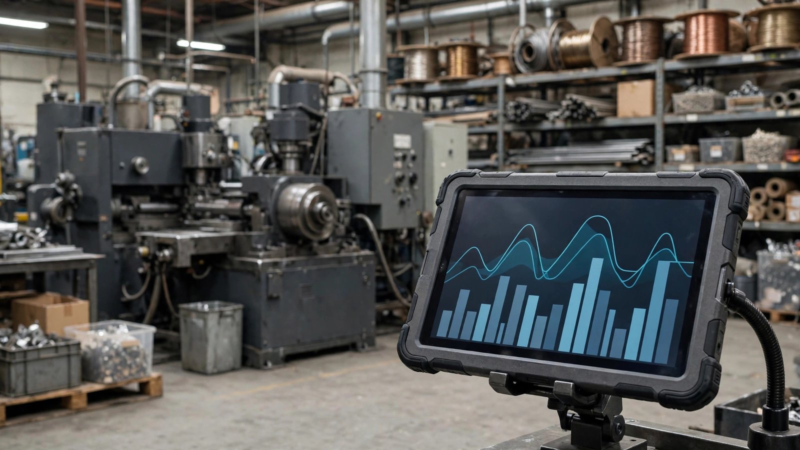 Tablet on a factory floor showing production cost charts, accounting software for manufacturing in its natural setting