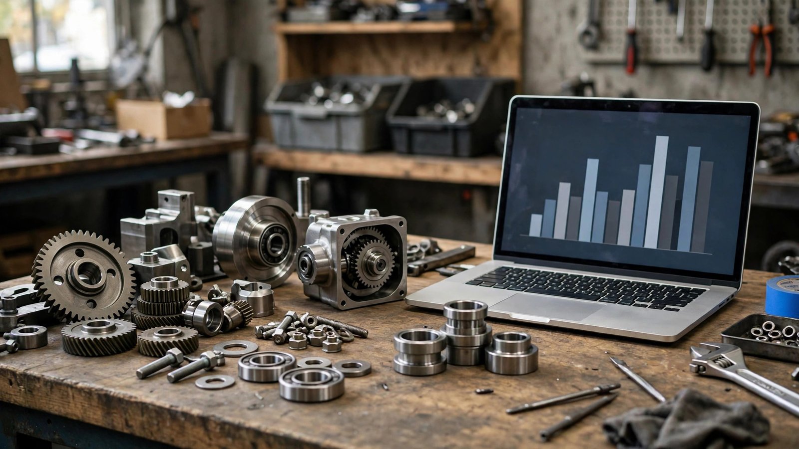 Metal parts, gears and finished products on a workbench beside a laptop with a cost breakdown chart