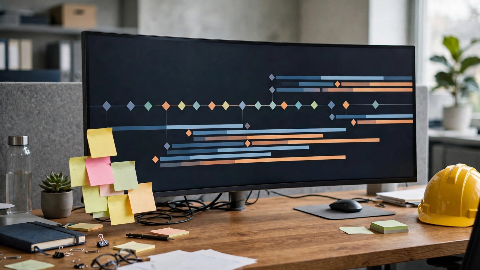 Wide monitor showing a project timeline with milestones and progress bars, project accounting software on a manager's desk