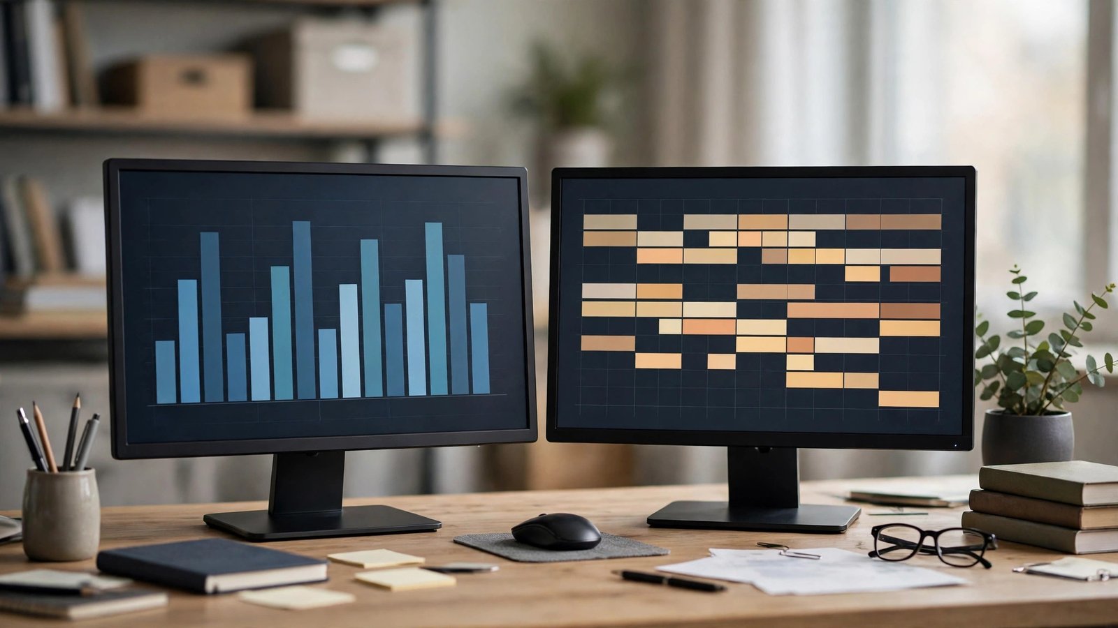 Two monitors comparing project budget charts with a project schedule grid