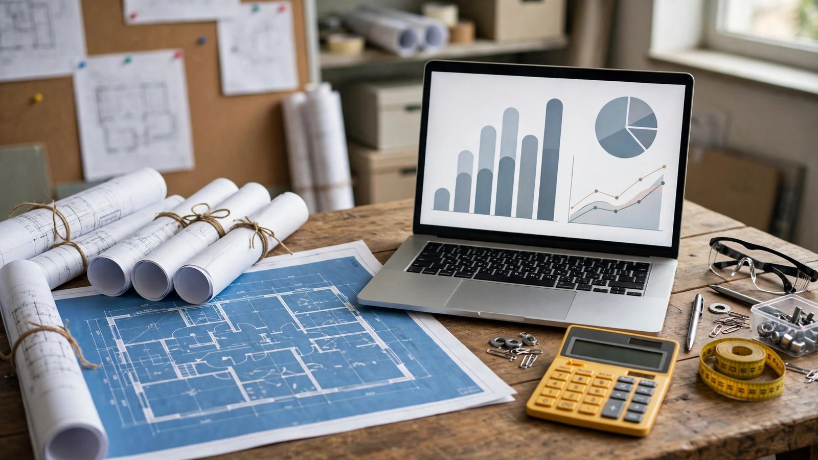 Blueprints and rolled drawings beside a laptop with cost tracking charts in a construction office