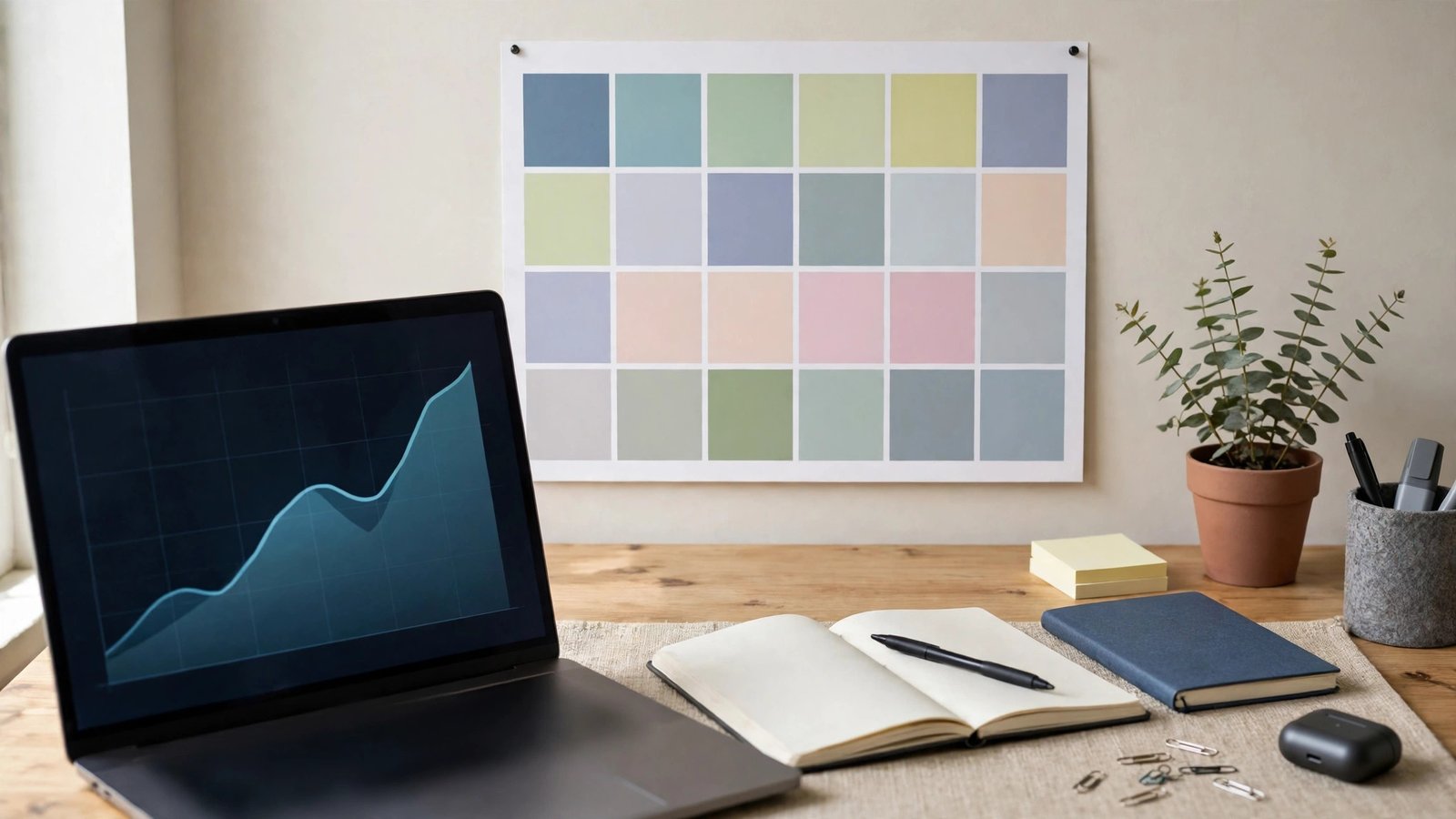 Wall calendar and a laptop showing a project profit chart trending upward during a weekly review