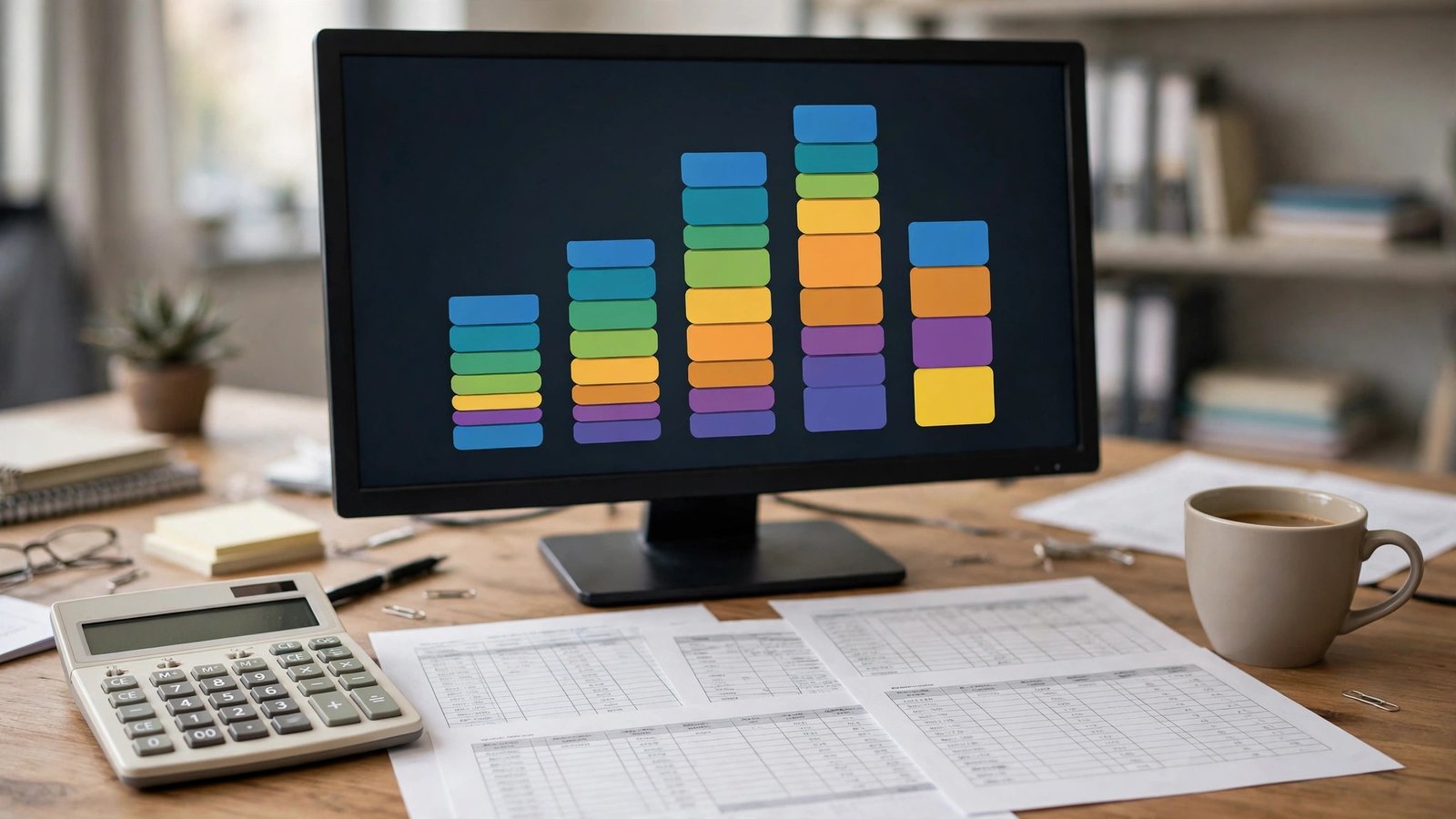 Finance desk with a monitor showing a stacked cost breakdown chart, core cost accounting software at work