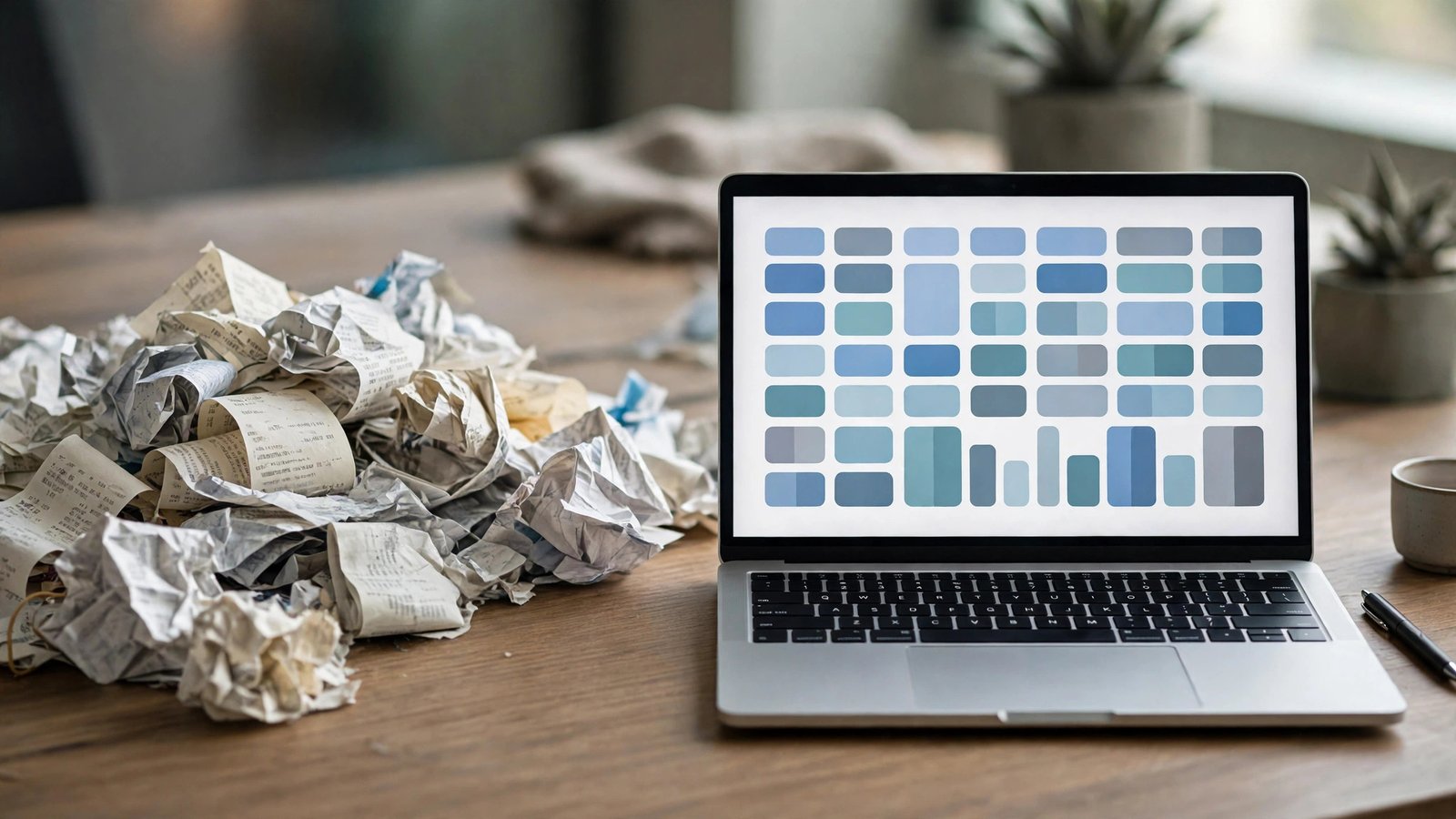 Messy unsorted receipts on one side of a desk and a tidy data table on a laptop on the other