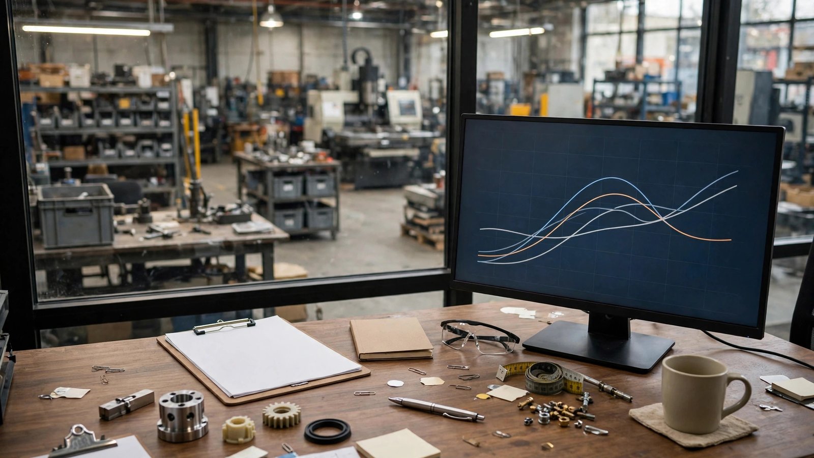 Production manager's desk with a monitor showing unit cost trend lines above a workshop view