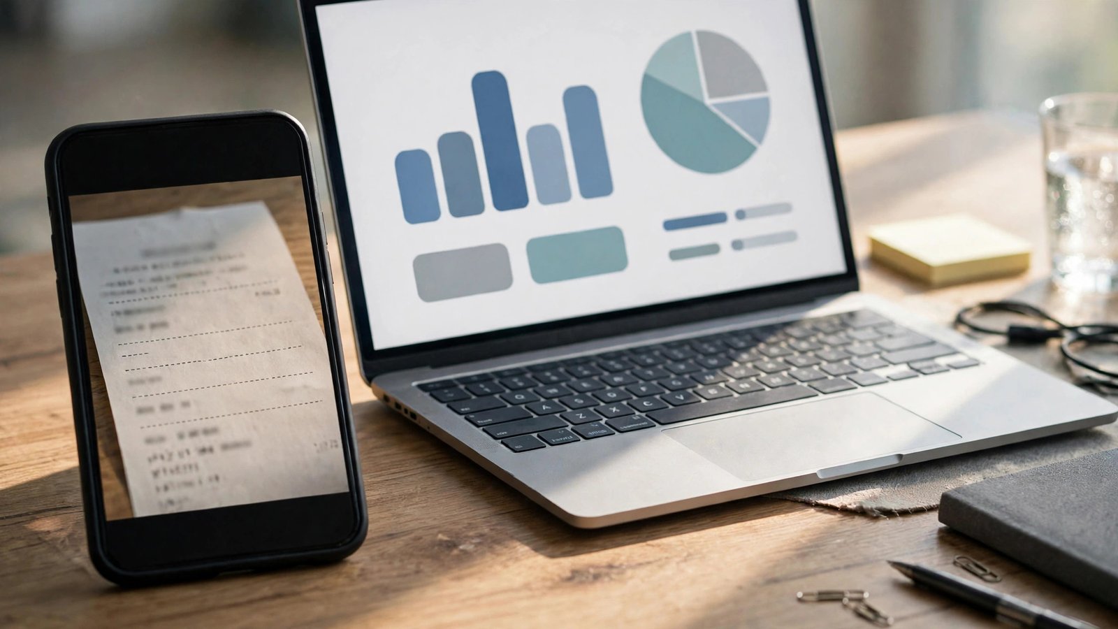 Smartphone capturing a paper receipt beside a laptop, automating bookkeeping data entry