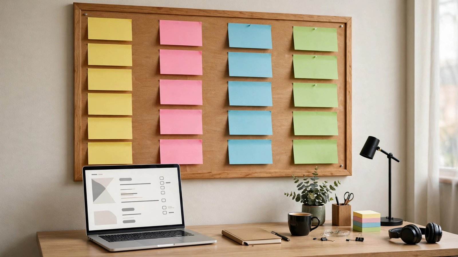 Workflow board with colored sticky notes in columns above an organized practice desk