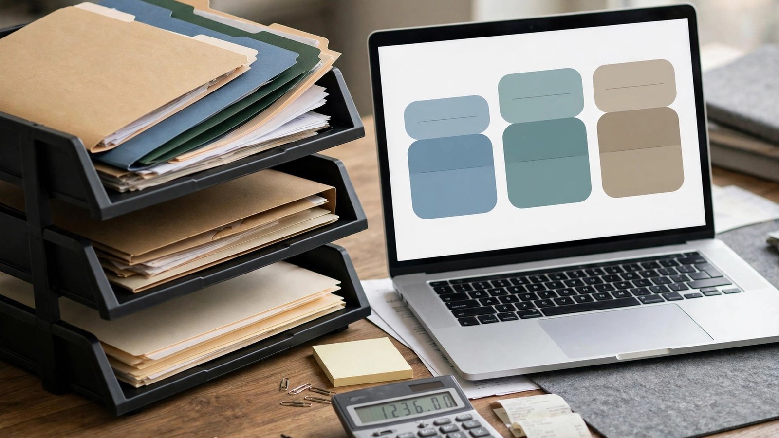 Stacked desk trays with client folders and a laptop showing tier card shapes, a bookkeeper's toolkit