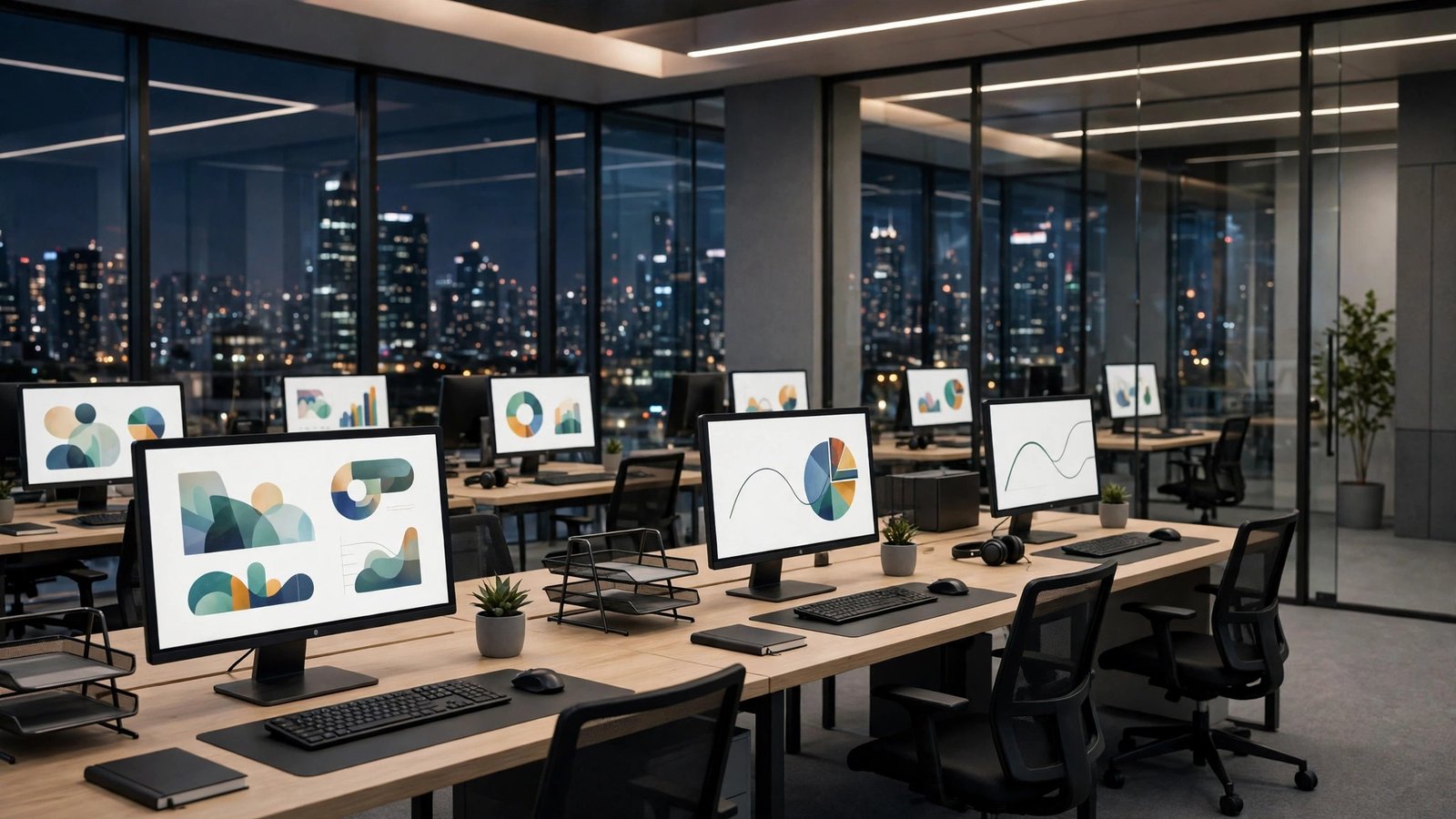 Modern office with several workstations, each monitor showing an abstract dashboard