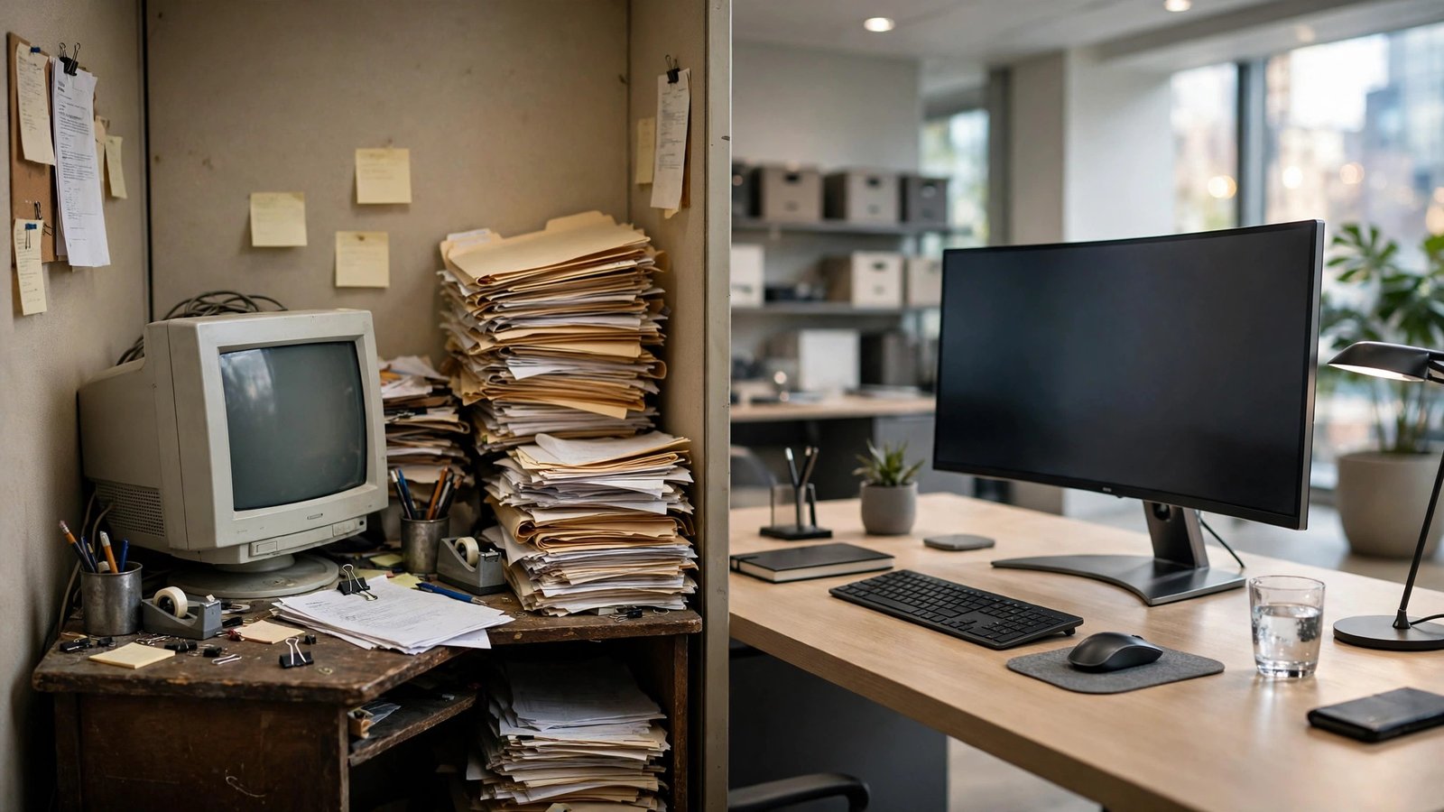 A cramped old desk with paper stacks giving way to a spacious modern desk with a wide monitor
