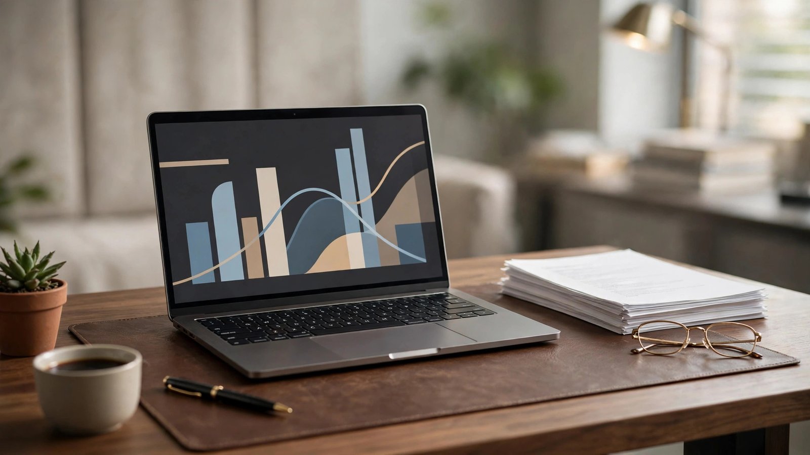 Executive desk with a laptop showing total cost charts beside printed quote papers