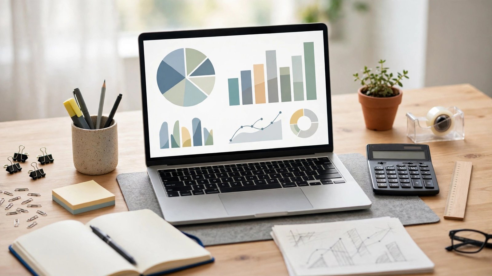 Laptop with an abstract accounting dashboard surrounded by everyday accounting tools like a calculator, ruler and notebook