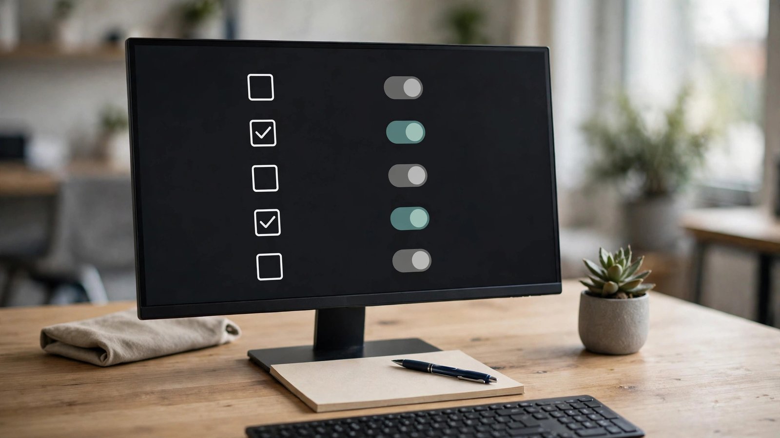 Monitor showing an abstract feature checklist of checkboxes and toggles above a notepad