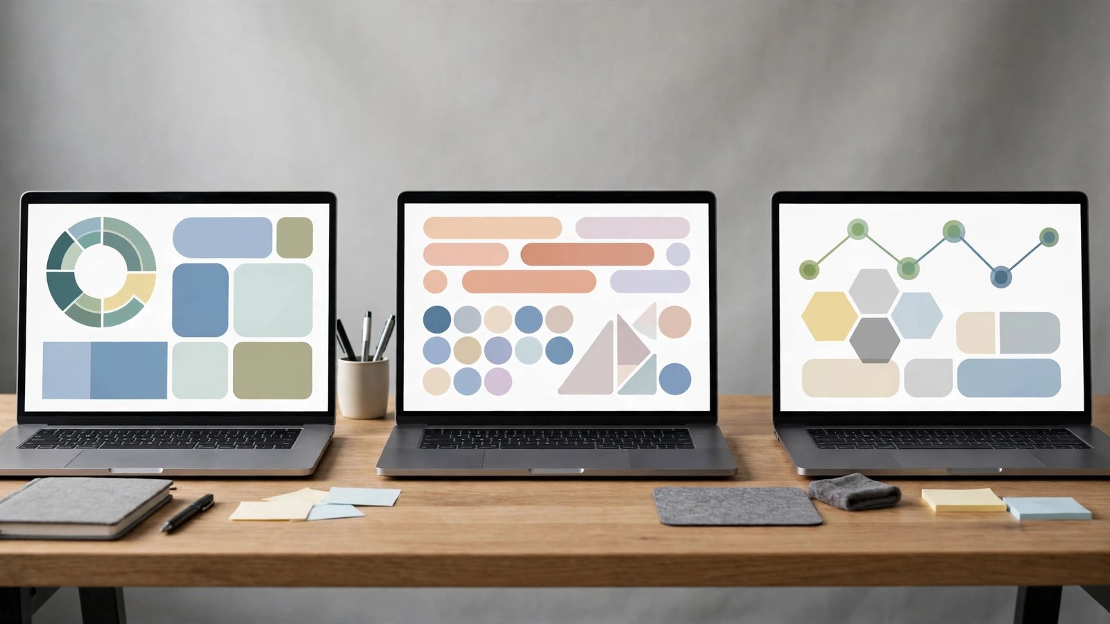Three laptops in a row, each with a different dashboard layout, comparing software options