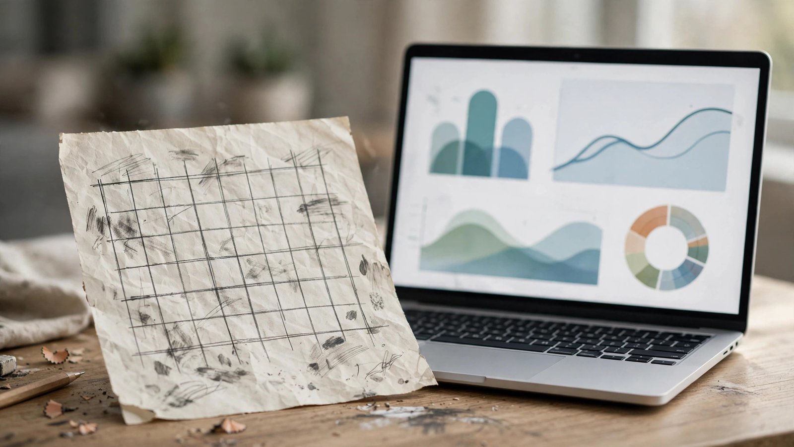 Hand-drawn paper spreadsheet beside a modern laptop, suggesting a move from spreadsheets to software