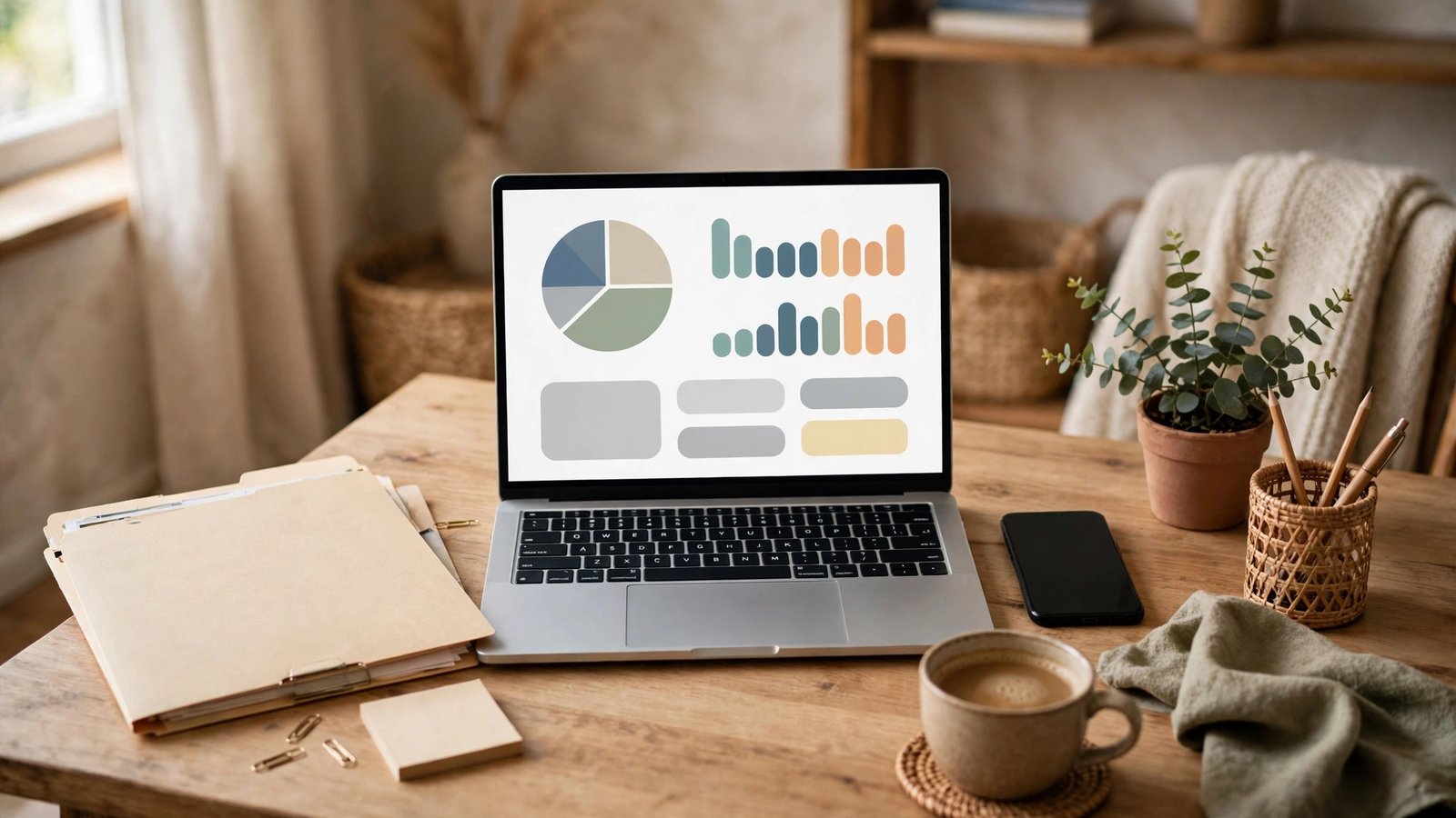 Freelancer's home office with a laptop showing an invoicing dashboard, accounting software for independent contractors in daily use