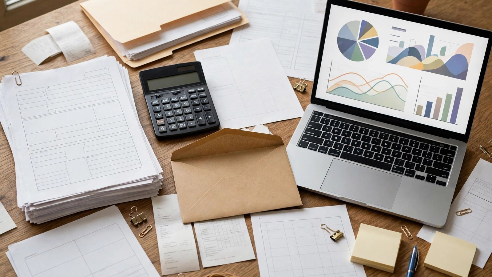 Tax-season desk with stacked blank forms, a calculator and a laptop with chart shapes