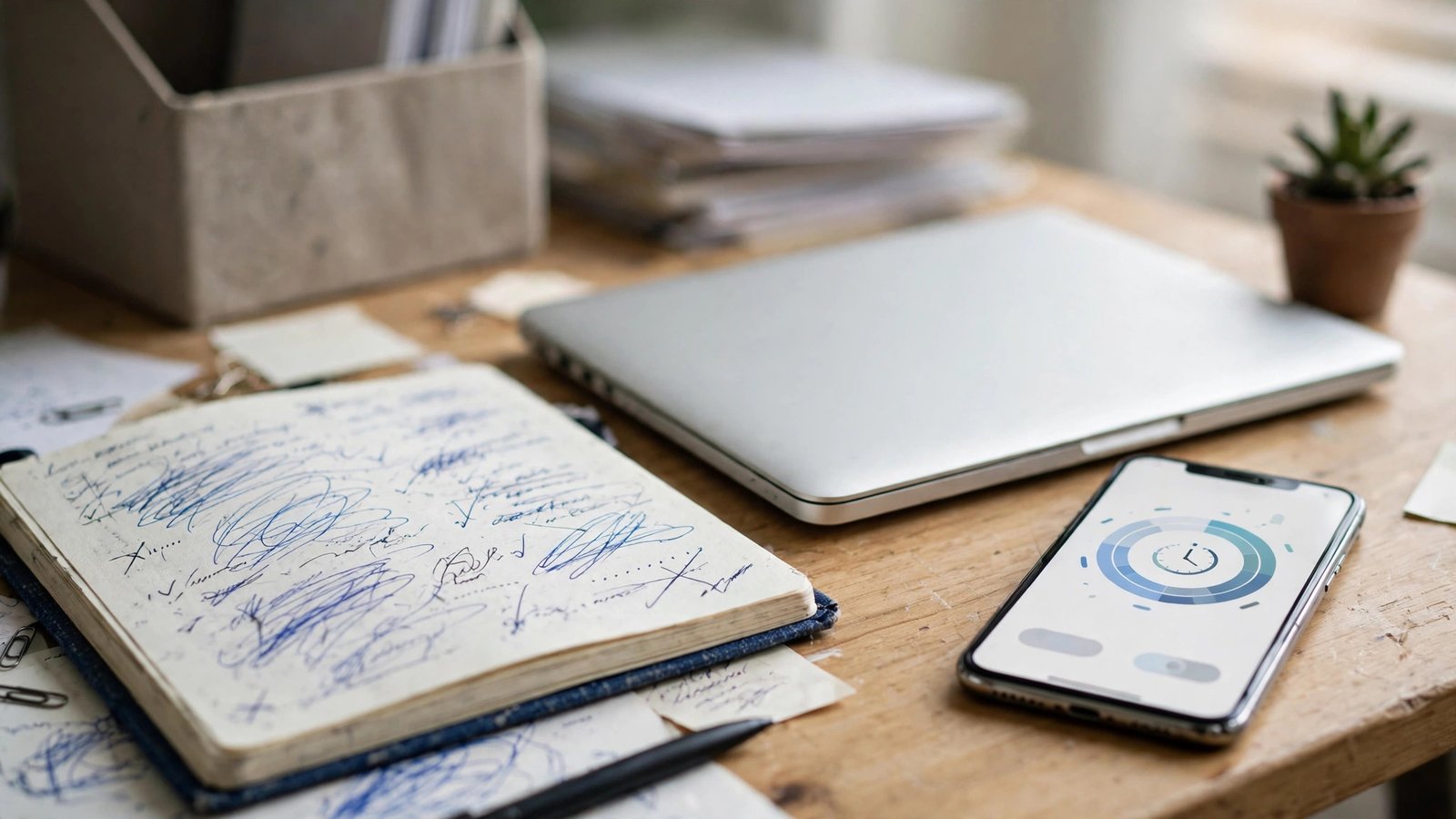 Smartphone with an abstract timer beside a laptop, tracking billable contractor time