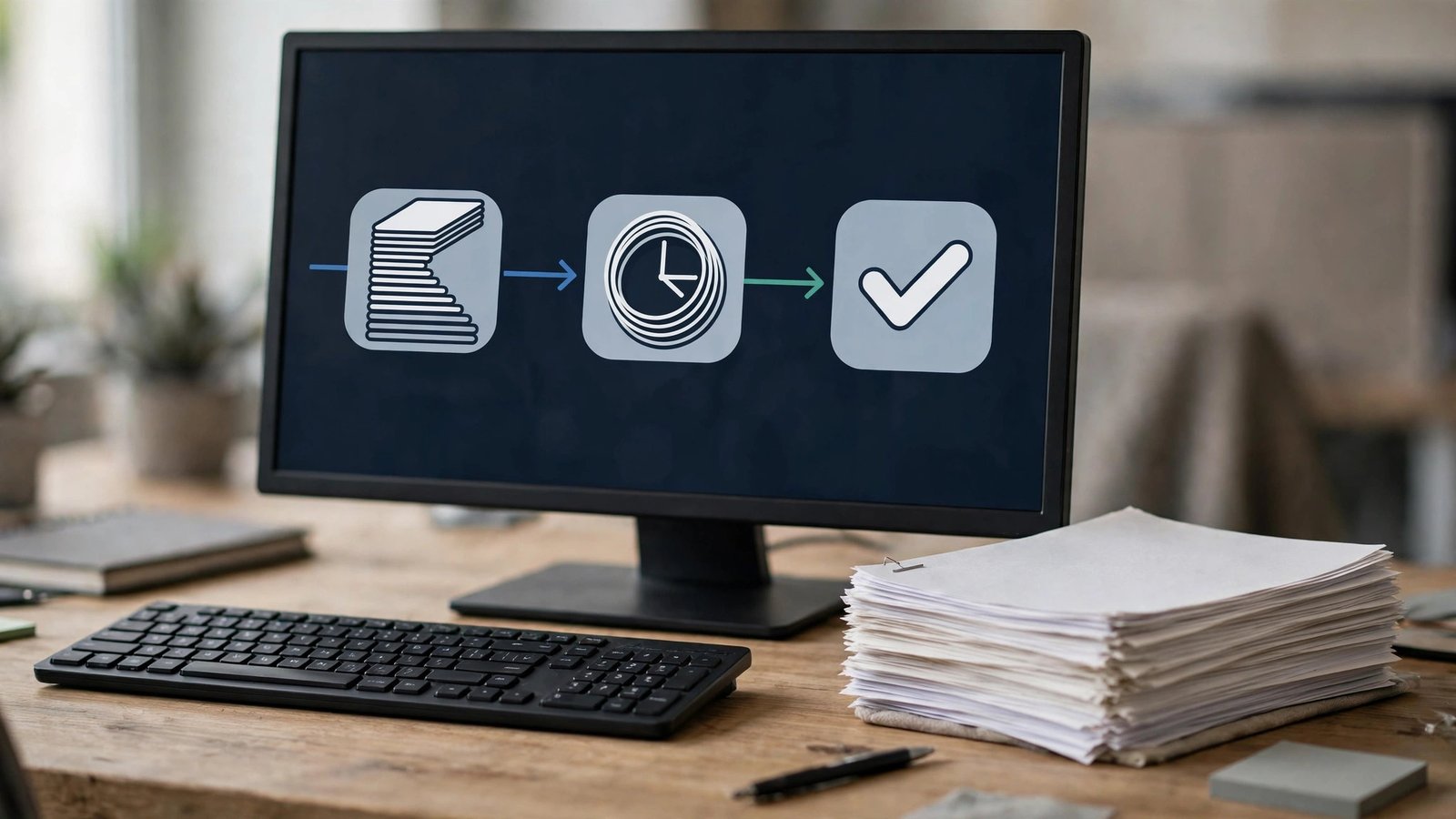 Monitor showing an abstract expense approval flow with checkmarks and a queue of forms