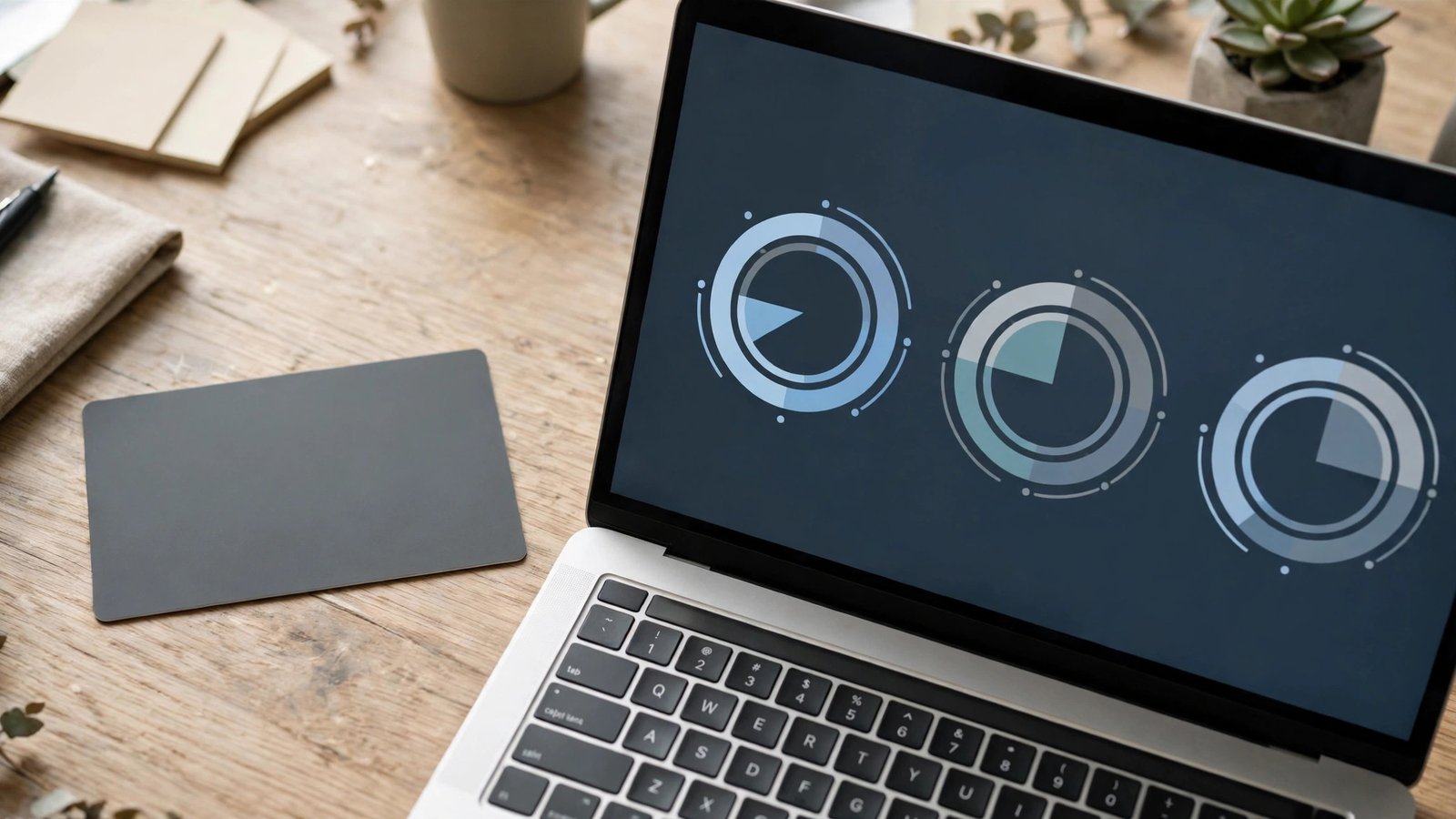 Blank corporate payment card on a desk beside a laptop with spending limit gauges