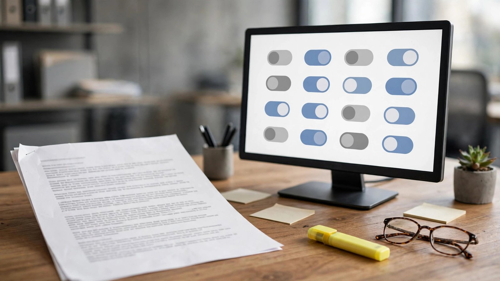 Printed policy document of gray lines beside a monitor with rule toggle shapes