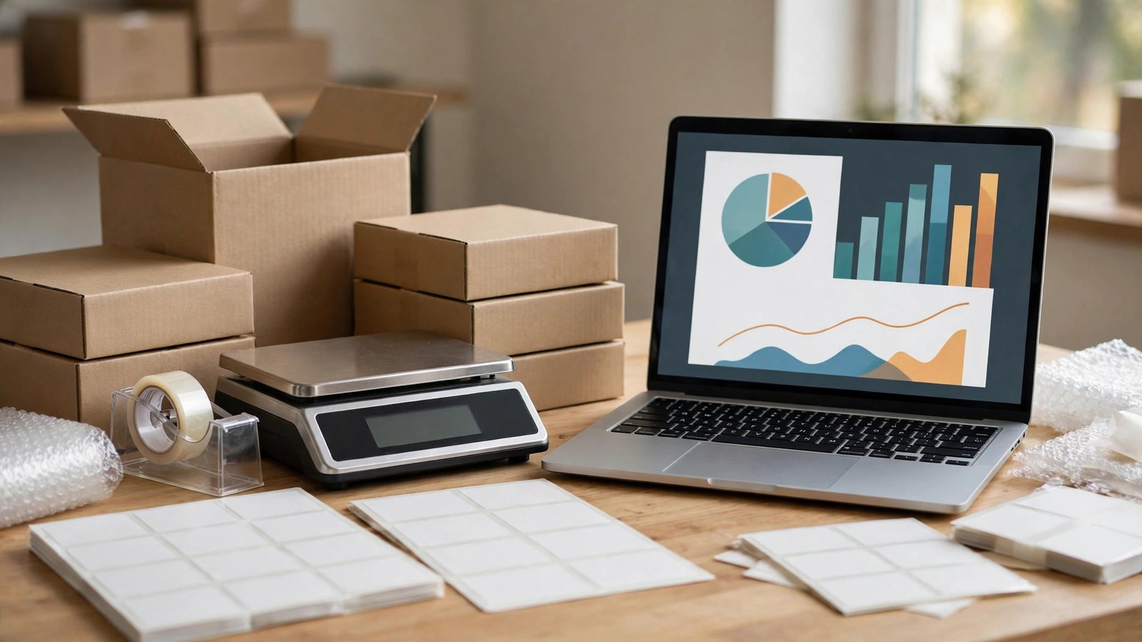 Online store packing station with plain boxes beside a laptop dashboard, accounting software ecommerce sellers rely on