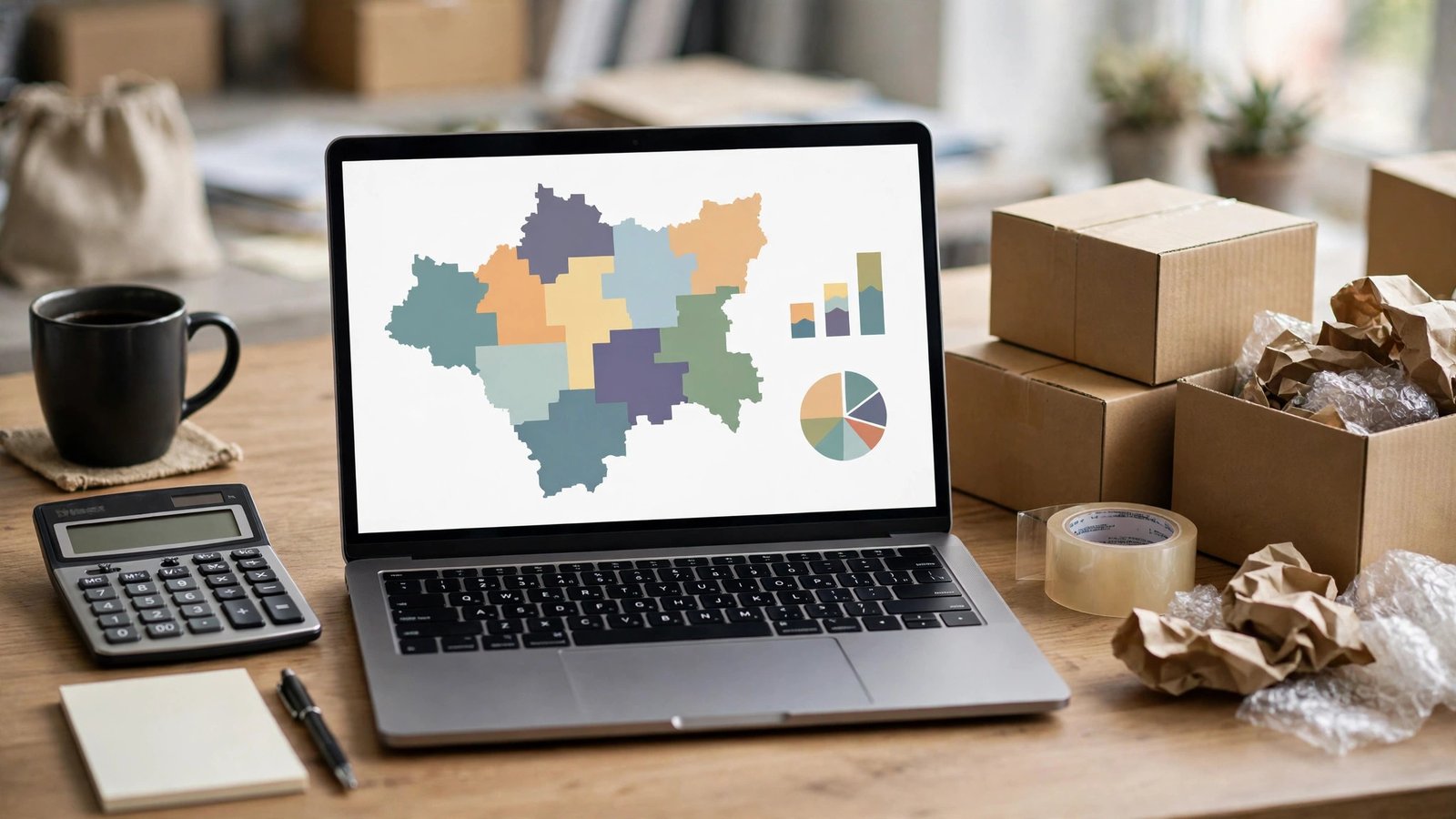Laptop showing abstract regional map blocks and charts, suggesting multi-region sales tax